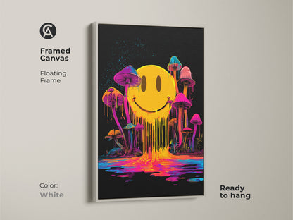 White framed canvas art featuring psychedelic art. The artwork displays a melting smiley face with neon dripping colors. Mushrooms grow around the smiley face. The background is black. This floating frame canvas is ready to hang.
