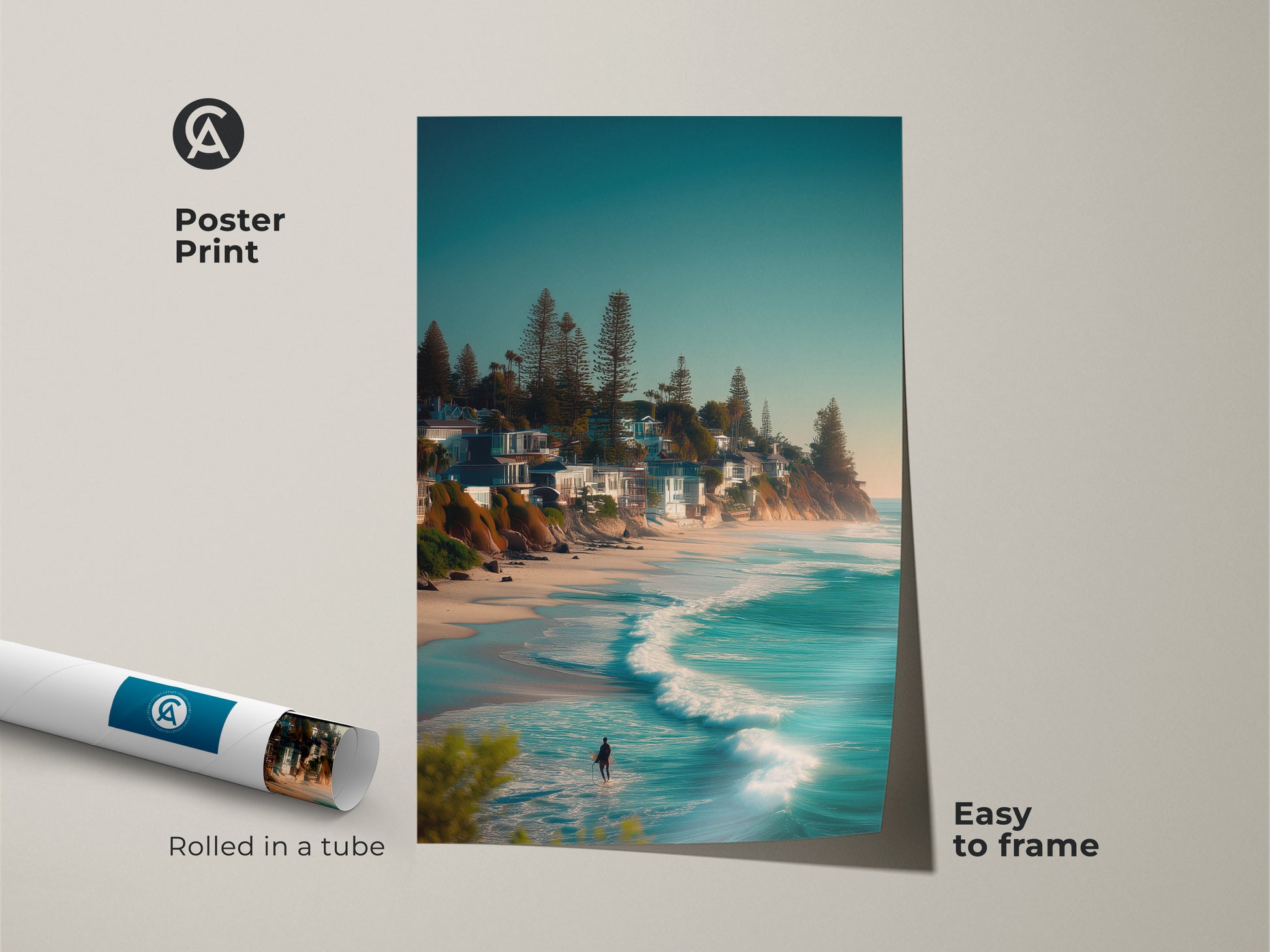 Poster print of a beach scene with a surfer. The artwork is rolled in a tube for easy framing. This museum-quality paper print captures the beauty of the ocean and coastal homes. Perfect for adding a touch of the beach to your wall art collection.