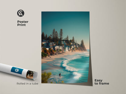 Poster print of a beach scene with a surfer. The artwork is rolled in a tube for easy framing. This museum-quality paper print captures the beauty of the ocean and coastal homes. Perfect for adding a touch of the beach to your wall art collection.