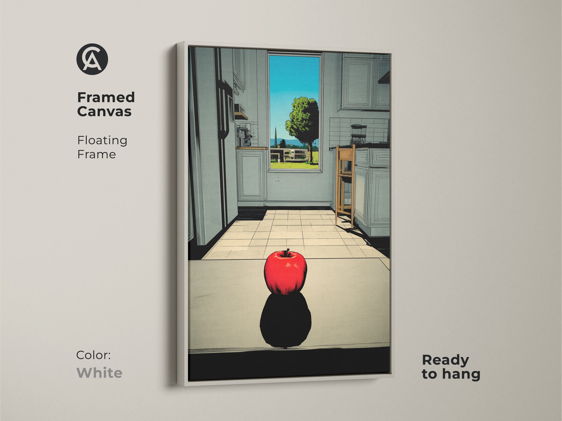 This framed canvas features an apple in a kitchen. The floating frame is white. This canvas artwork is ready to hang. This modern frame complements the still life artwork.