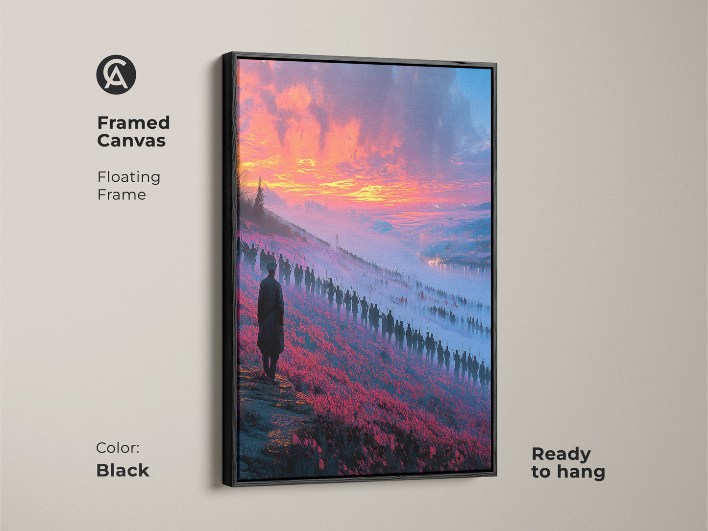 Framed canvas of a vivid sunset canvas. The blue and orange artwork has procession figures. This painting has a floating black frame and is ready to hang in your home.