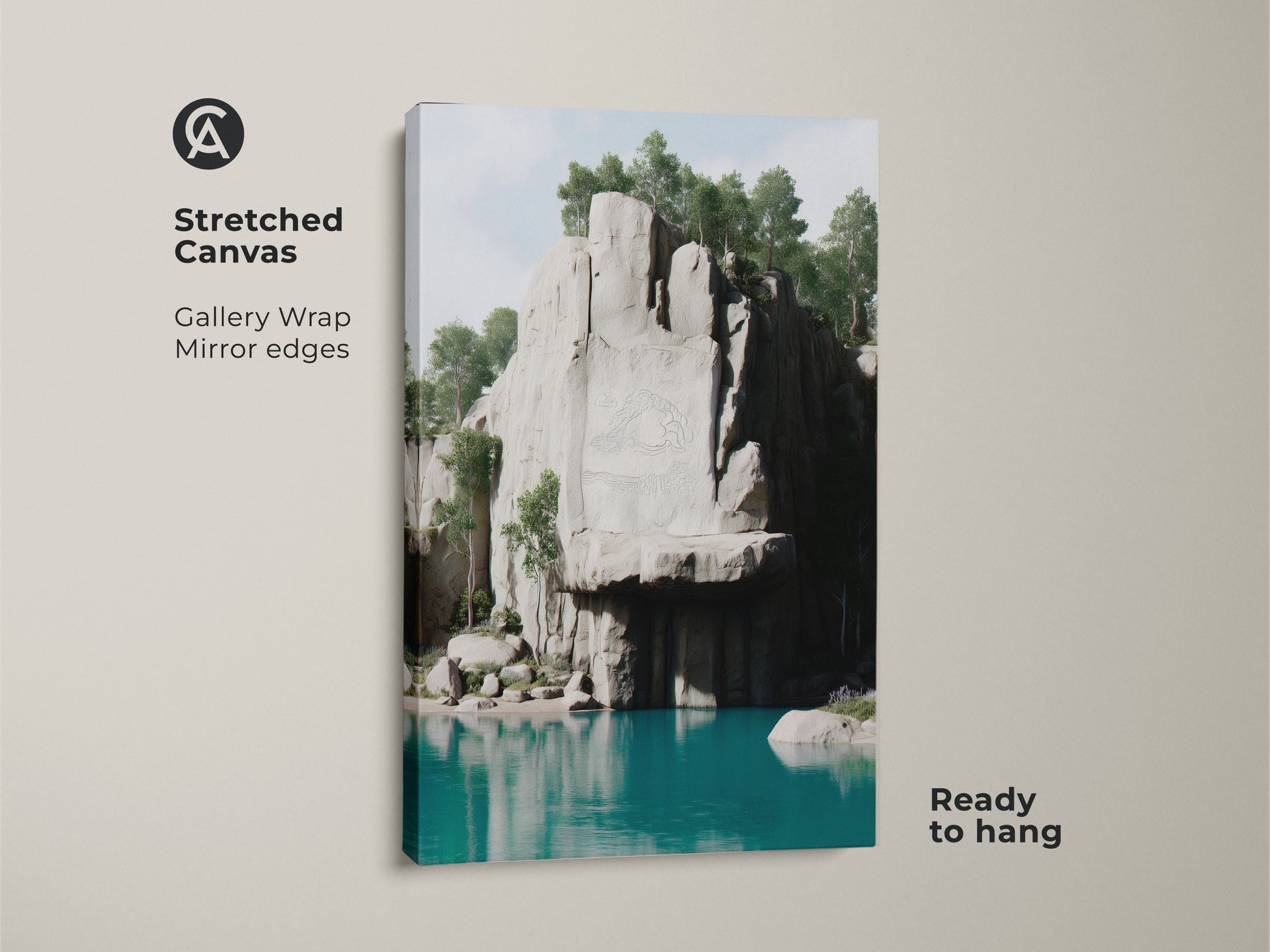Stretched Canvas print of a cliff lake landscape. Gallery wrapped with mirror edges. This scenic nature wall art is ready to hang. Perfect contemporary home gift for nature lovers.