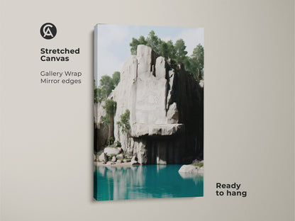 Stretched Canvas print of a cliff lake landscape. Gallery wrapped with mirror edges. This scenic nature wall art is ready to hang. Perfect contemporary home gift for nature lovers.