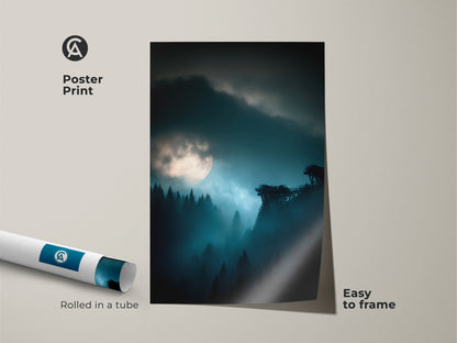 Poster print of a deep blue moonlit forest. This misty night landscape offers an atmospheric forest scene. It is easy to frame and perfect for any bedroom. This modern blue teal nature artwork is rolled in a protective tube. A great housewarming gift for nature enthusiasts.