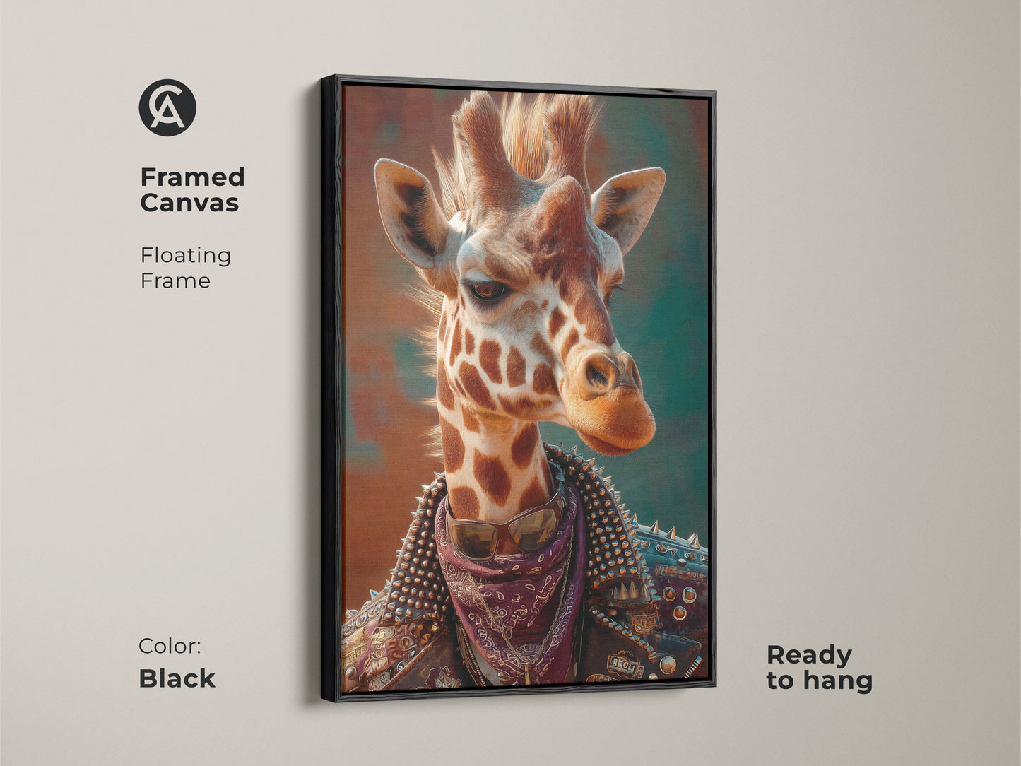 A framed canvas features punk giraffe art. The black floating frame is ready to hang. This surreal animal canvas is ideal for teen room decor. The wildlife animal print is alternative art. Great as a gift for him. This animal portrait is cool wall hanging.