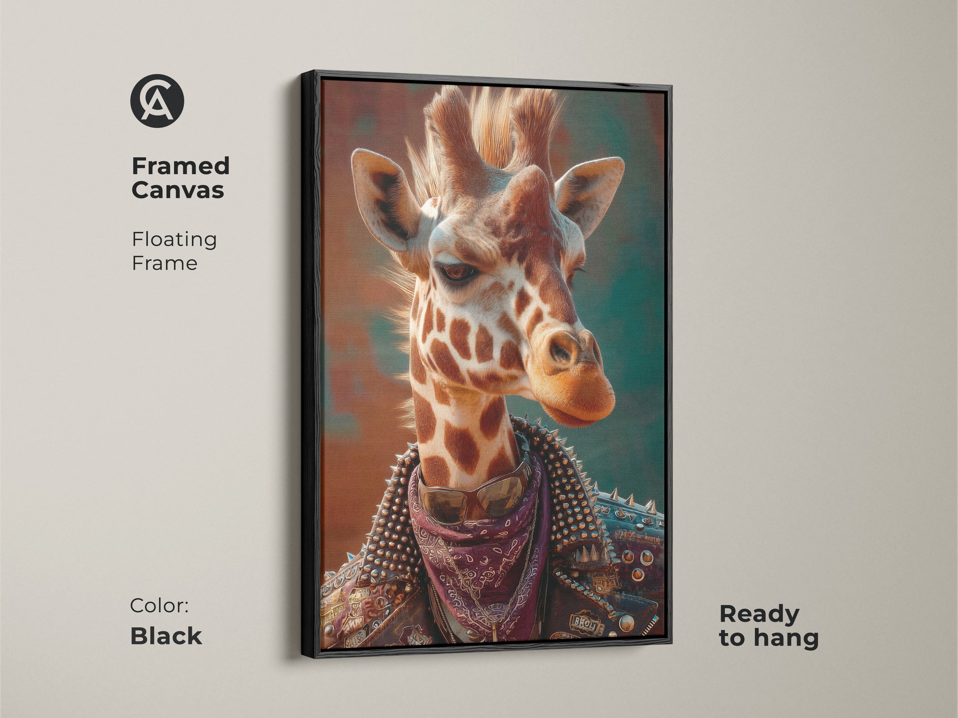 A framed canvas features punk giraffe art. The black floating frame is ready to hang. This surreal animal canvas is ideal for teen room decor. The wildlife animal print is alternative art. Great as a gift for him. This animal portrait is cool wall hanging.