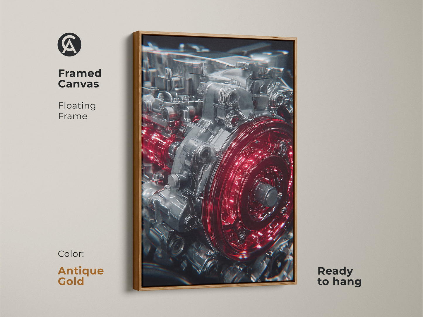 Framed canvas of an Automotive Engine with an antique gold floating frame. This industrial style artwork features red and silver gears. Ready to hang automotive wall art for garages and offices.
