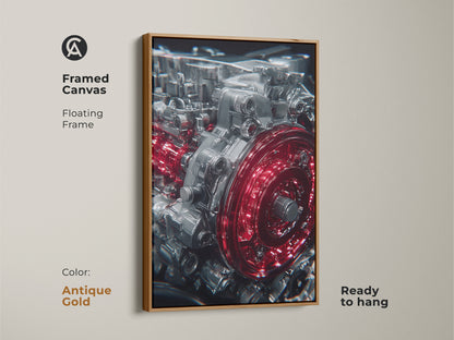 Framed canvas of an Automotive Engine with an antique gold floating frame. This industrial style artwork features red and silver gears. Ready to hang automotive wall art for garages and offices.