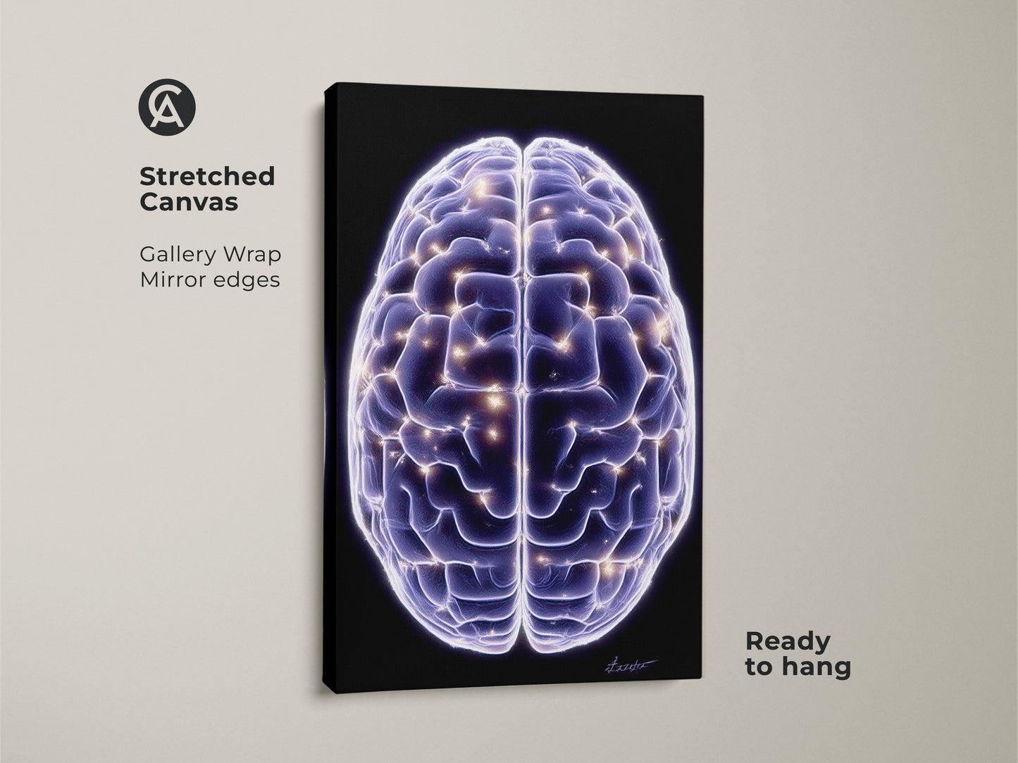 Neuron science canvas print for modern neuroscience art. Abstract brain wall art glows with neural pathways. It's a purple and blue digital art piece perfect as an office decor gift for science lovers.