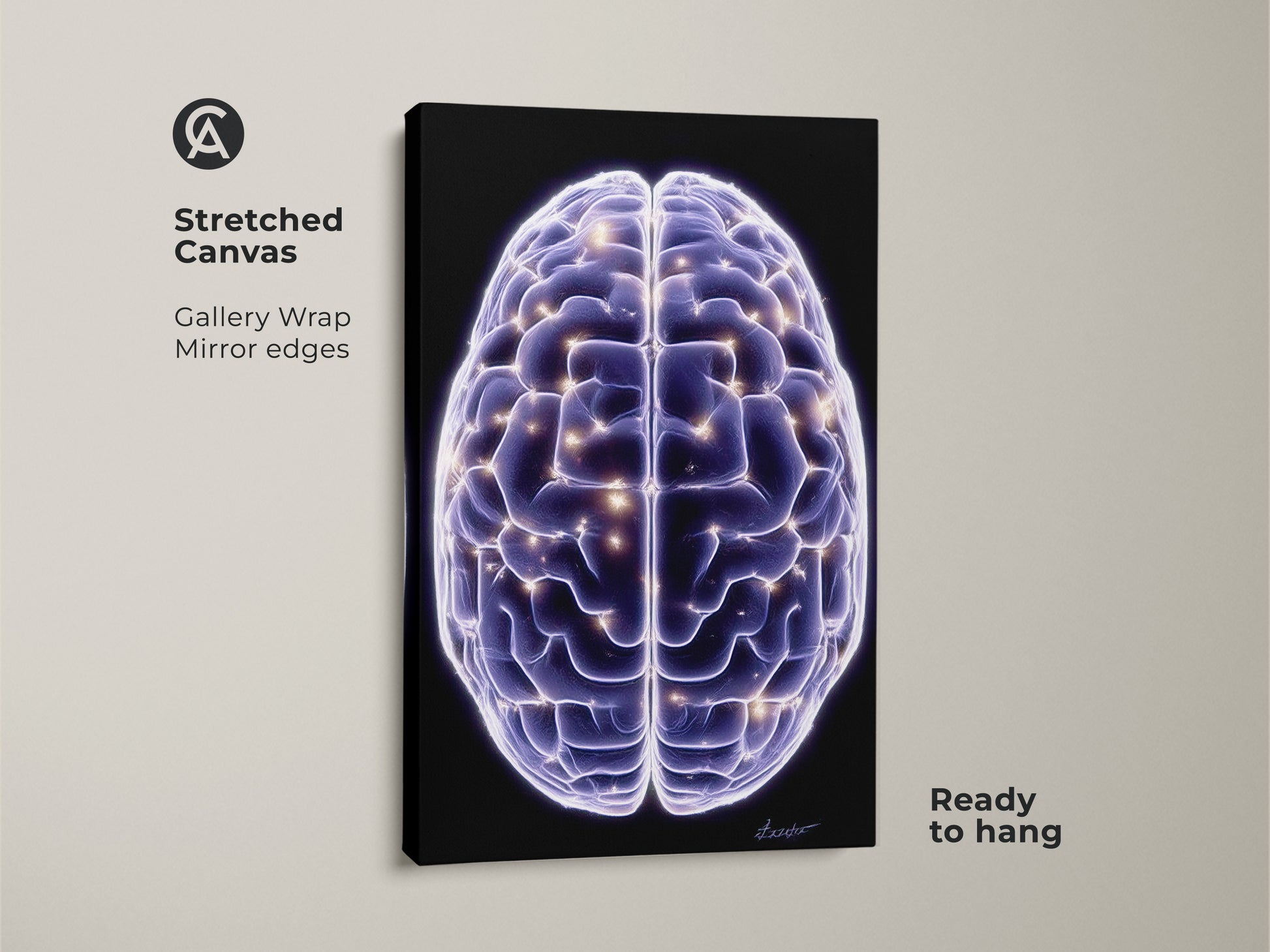Neuron science canvas print for modern neuroscience art. Abstract brain wall art glows with neural pathways. It's a purple and blue digital art piece perfect as an office decor gift for science lovers.
