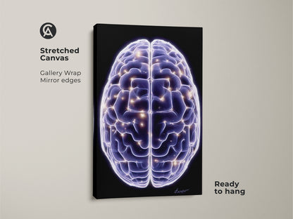 Neuron science canvas print for modern neuroscience art. Abstract brain wall art glows with neural pathways. It's a purple and blue digital art piece perfect as an office decor gift for science lovers.