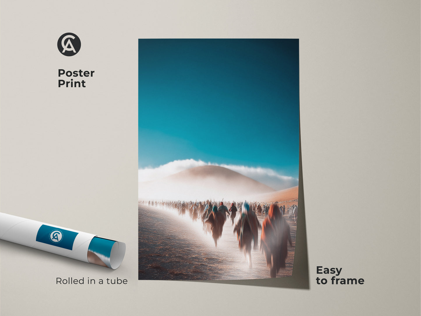 Poster print featuring an abstract desert scene. The motion blur photography captures dynamic movement. Easy to frame for versatile home decor options. This desert landscape wall art uses teal and blue colors. Rolled in a tube ensures safe delivery. An atmospheric wall decor perfect as a travel lover gift.