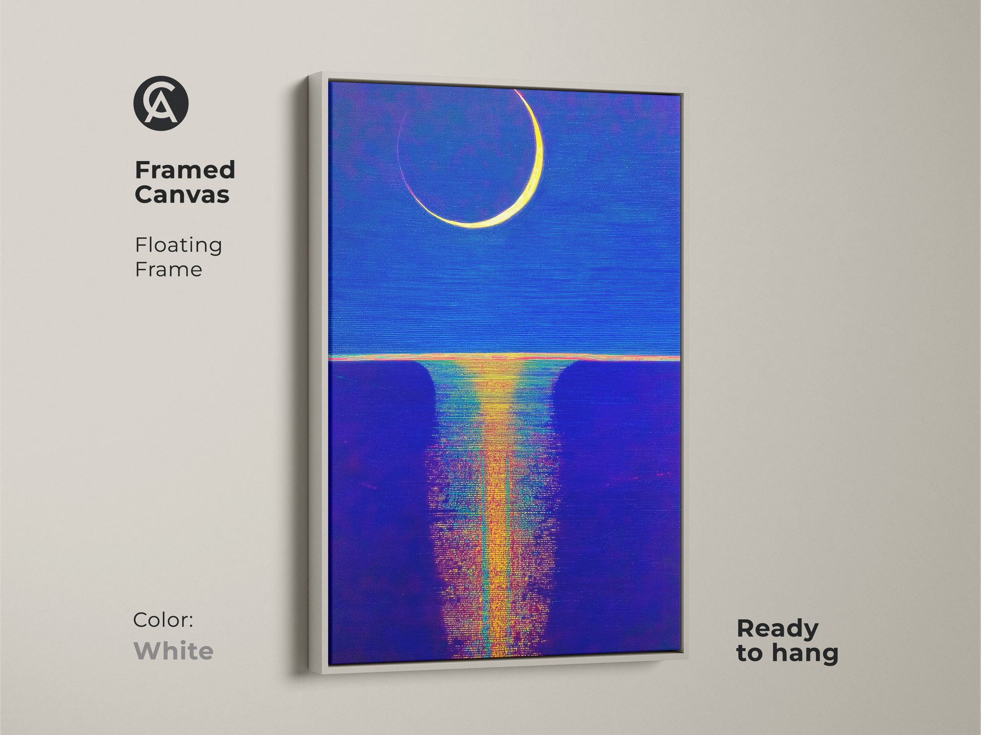 A framed canvas with celestial moon art is featured in deep blue and ochre. The white floating frame complements the abstract night scene. This ready-to-hang piece brings a unique home wall art into your space. 