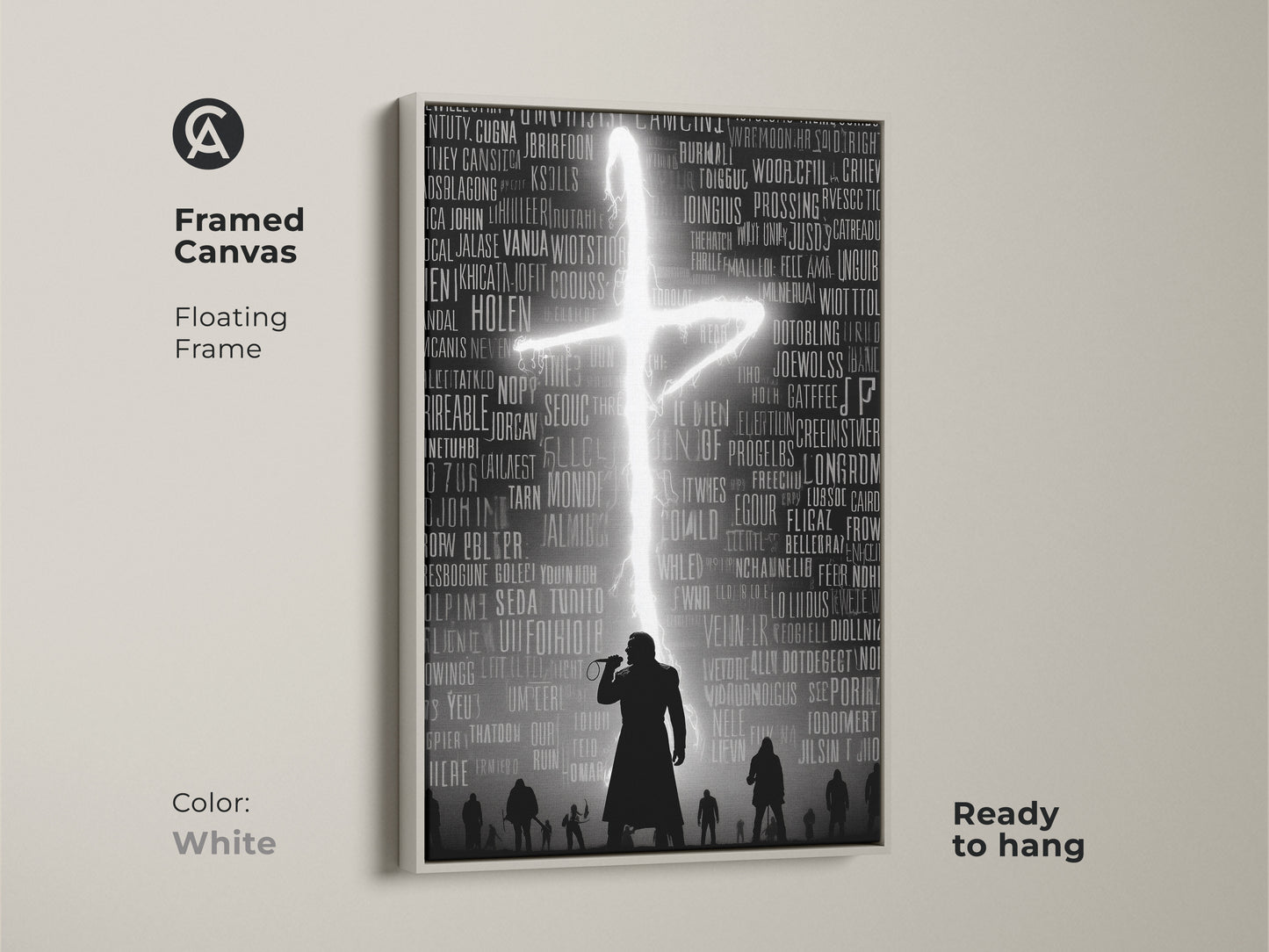 Framed canvas showing music typography. A gothic singer silhouette artwork has a floating frame in white. A hip hop concert poster is ready to hang. The dark academia art print suits any room. The neon cross stands out against the monochrome style. A great piece for alternative decor.