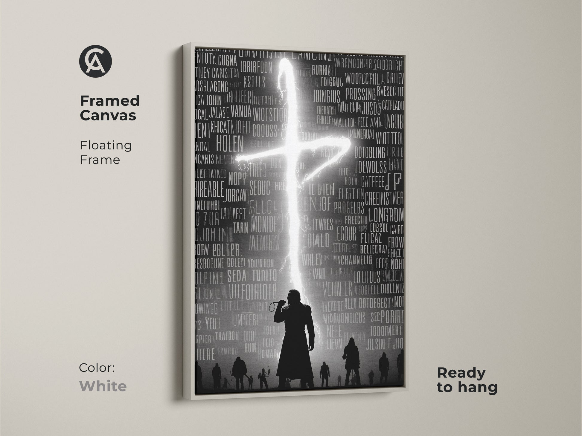 Framed canvas showing music typography. A gothic singer silhouette artwork has a floating frame in white. A hip hop concert poster is ready to hang. The dark academia art print suits any room. The neon cross stands out against the monochrome style. A great piece for alternative decor.