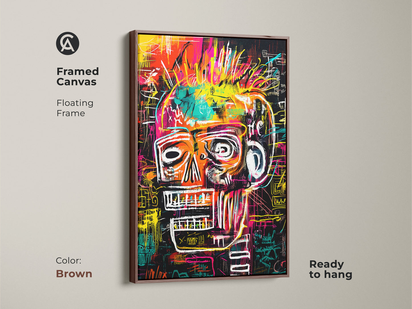 Enhance your living space with this skull art in a brown floating frame. The framed canvas adds a touch of sophistication. It comes ready to hang. The brown frame complements the artwork's vibrant colors. This piece will elevate your home decor effortlessly.