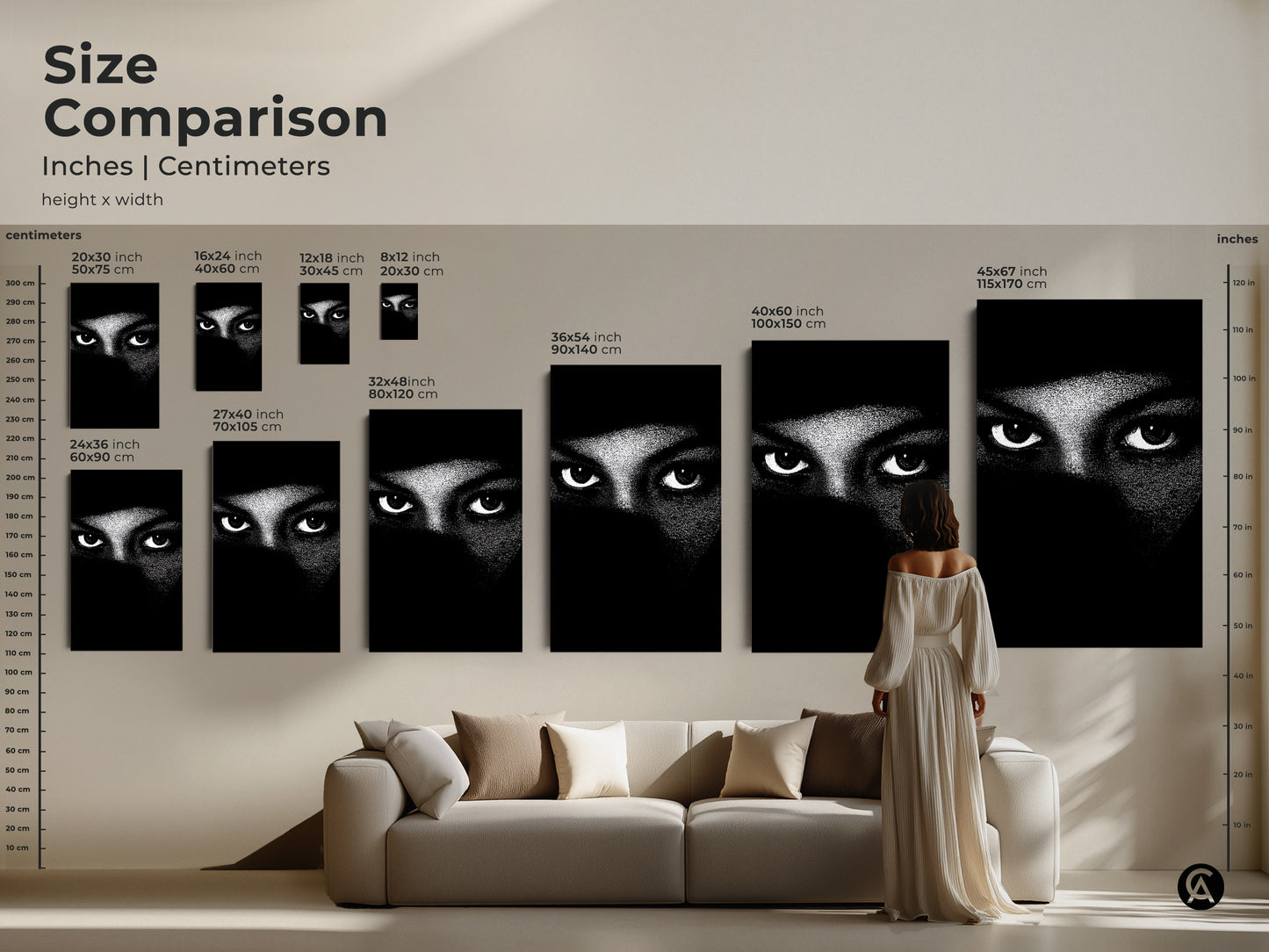 Size comparison of monochrome eyes wall art. The abstract face canvas print is minimalist portrait art. Black and white bedroom decor is contemporary living room art. High contrast artwork offers modern abstract print. It is a mystery themed art gift for art lovers for neutral wall decor.