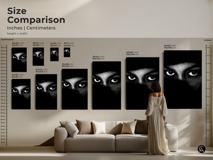 Size comparison of monochrome eyes wall art. The abstract face canvas print is minimalist portrait art. Black and white bedroom decor is contemporary living room art. High contrast artwork offers modern abstract print. It is a mystery themed art gift for art lovers for neutral wall decor.