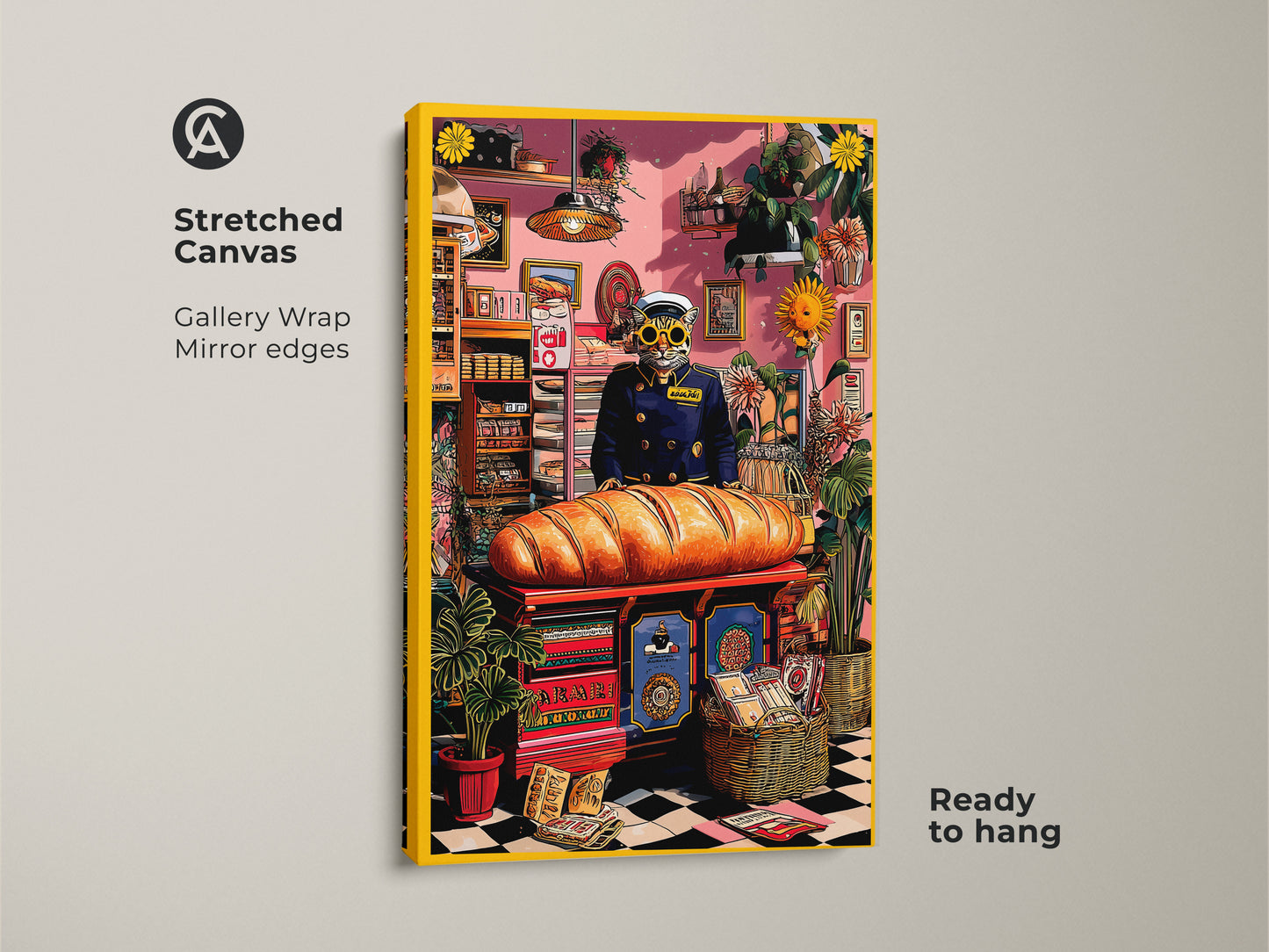 A stretched canvas Cat Baker Art Print. The gallery wrapped canvas shows mirror edges and is ready to hang. This eclectic kitchen wall art features a surreal cat baker. It will bring a smile to any cat lover's face.
