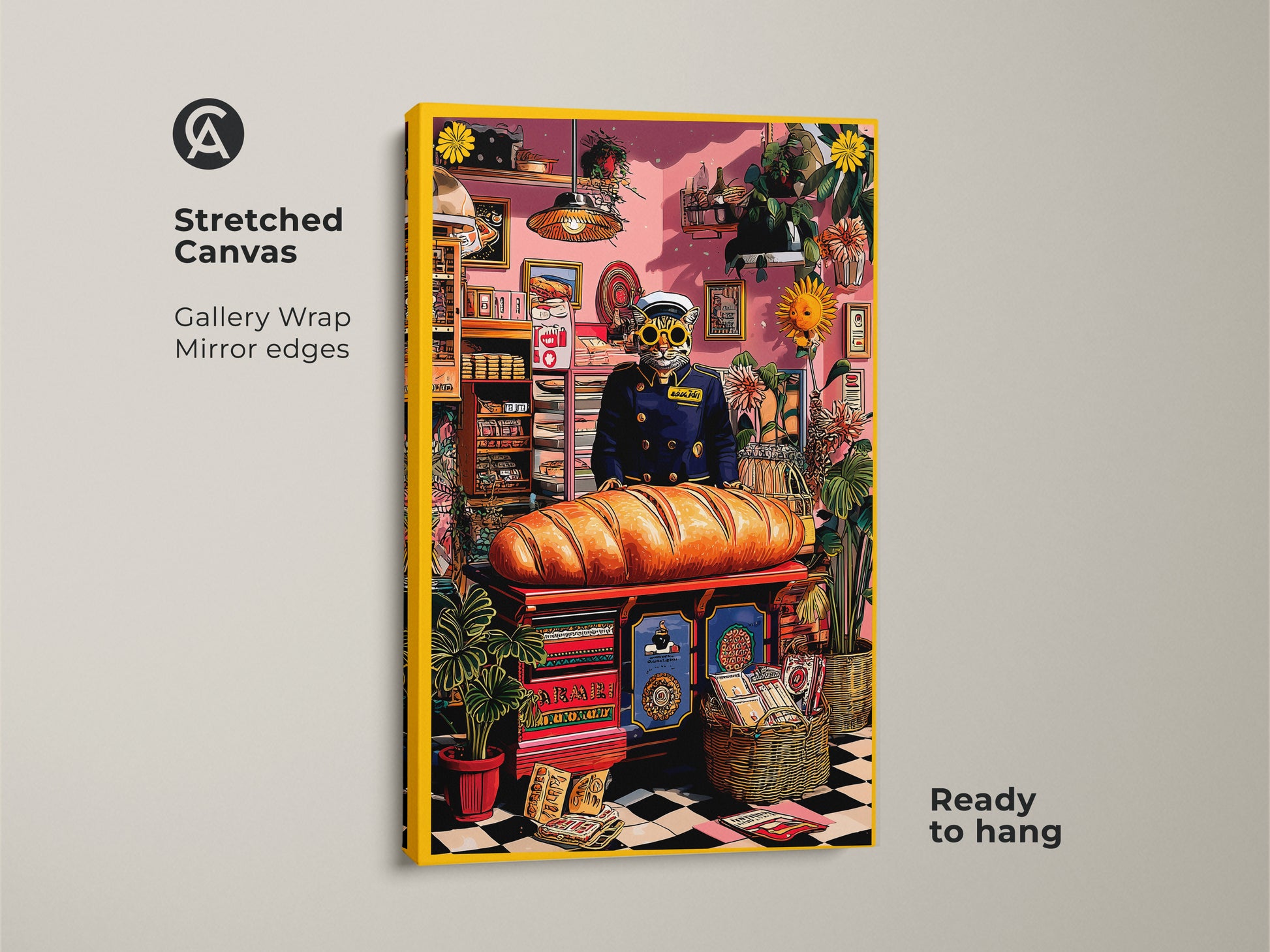A stretched canvas Cat Baker Art Print. The gallery wrapped canvas shows mirror edges and is ready to hang. This eclectic kitchen wall art features a surreal cat baker. It will bring a smile to any cat lover's face.