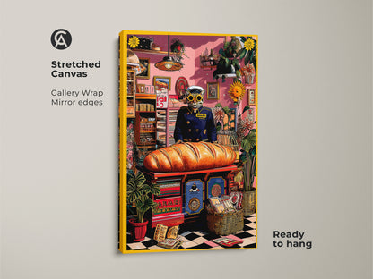 A stretched canvas Cat Baker Art Print. The gallery wrapped canvas shows mirror edges and is ready to hang. This eclectic kitchen wall art features a surreal cat baker. It will bring a smile to any cat lover's face.