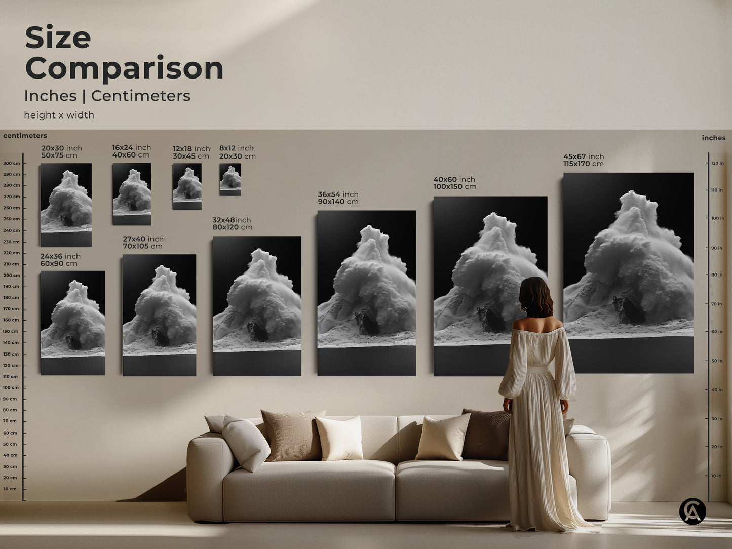 Size comparison of monochrome ocean wave art. Inches and centimeters dimensions shown. See how the black and white ocean print fits in a living room. Contemporary sea spray decor options for any wall. Perfect surfer beach wall art to complement your modern home style.