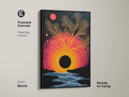 Framed canvas art showcasing an abstract surreal tree. Black frame showcases the black orange and red wall art. The floating frame is ready to hang. Eclectic bedroom decor with a nature inspired artwork. Modern art lovers will adore this vibrant sunset canvas.