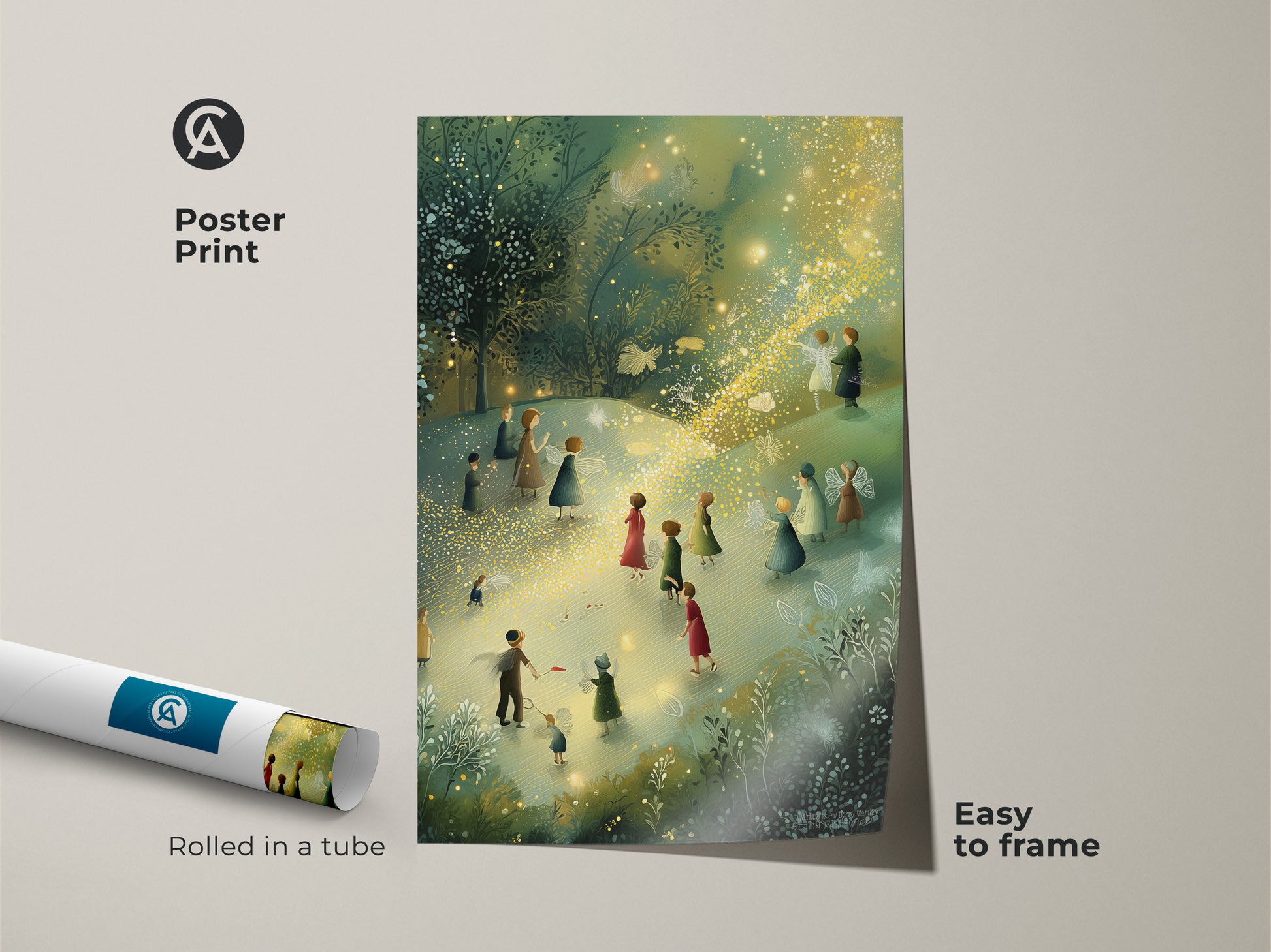 Poster print of a fairy wall art for nursery. Rolled in a tube for easy framing. This magical lights art print adds a whimsical touch to any kids room. The boho kids room decor enhances the fantasy forest art.