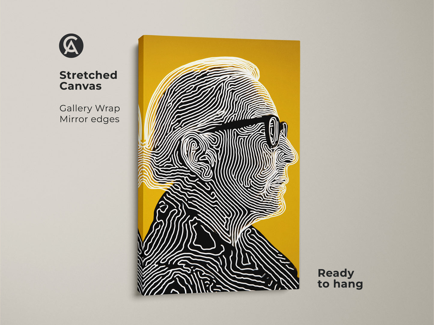 Stretched canvas artwork showcasing a man with glasses in line art. Black and white lines create the portrait on a vibrant yellow backdrop. This gallery-wrapped canvas is ready to hang. The mirror edges enhance its contemporary style.