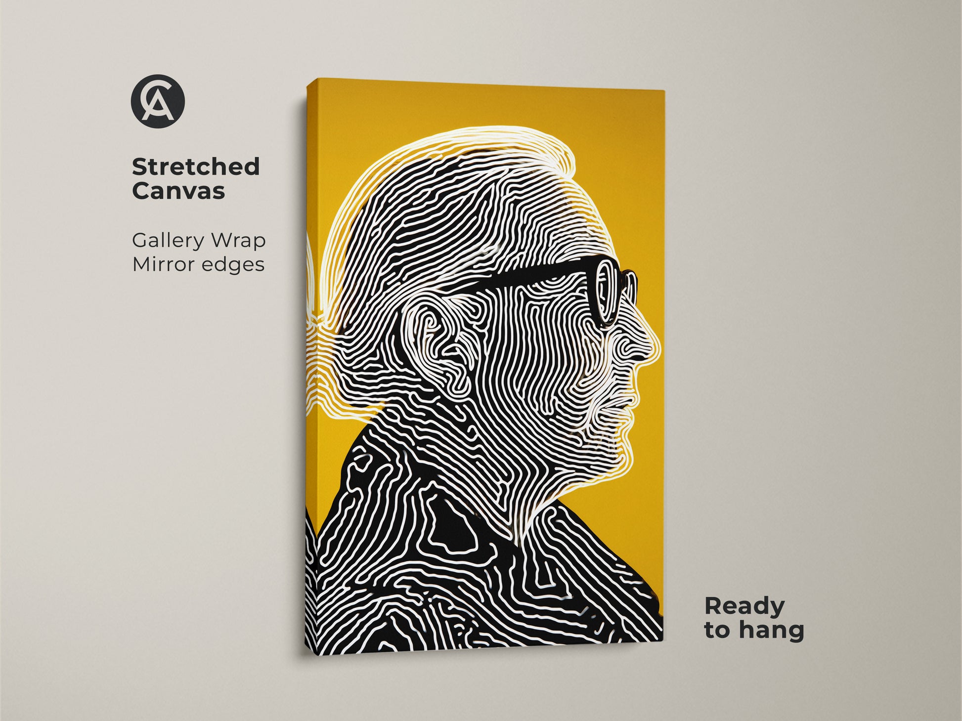 Stretched canvas artwork showcasing a man with glasses in line art. Black and white lines create the portrait on a vibrant yellow backdrop. This gallery-wrapped canvas is ready to hang. The mirror edges enhance its contemporary style.