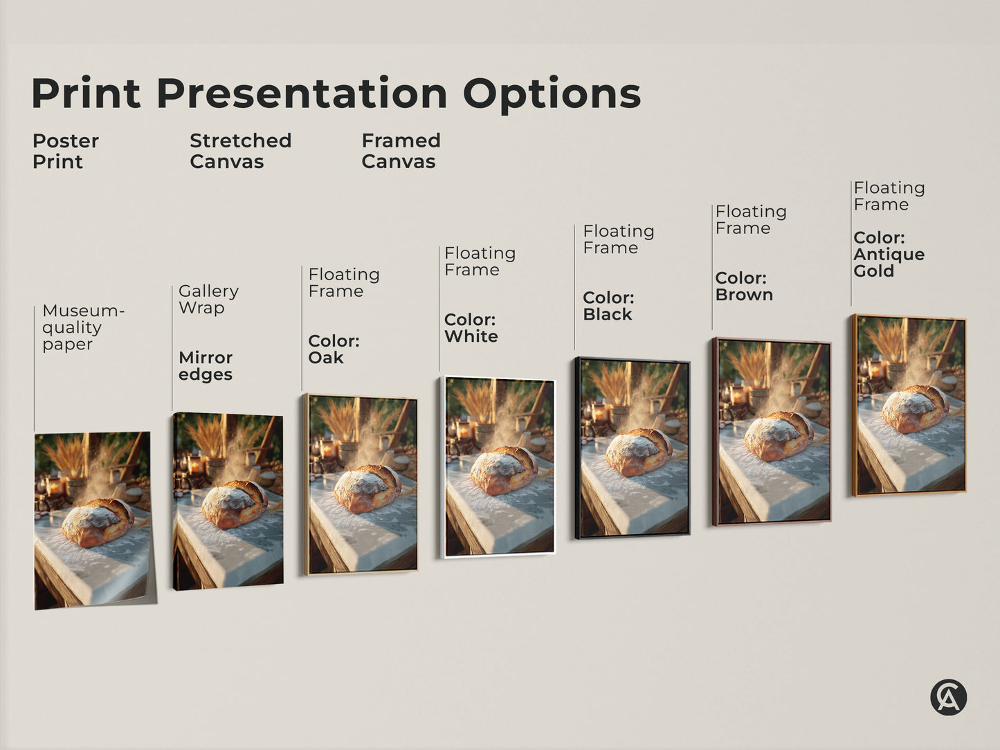 Explore print presentation options for artisan bread artwork. Choose from poster prints stretched canvas or framed canvas with various floating frame colors. Find the perfect museum-quality paper or gallery wrap to match your style. Elevate your kitchen wall decor with this rustic art.