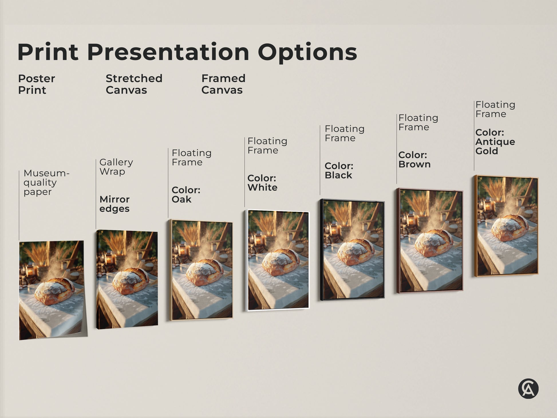 Explore print presentation options for artisan bread artwork. Choose from poster prints stretched canvas or framed canvas with various floating frame colors. Find the perfect museum-quality paper or gallery wrap to match your style. Elevate your kitchen wall decor with this rustic art.