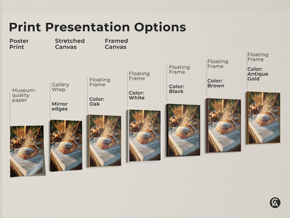 Explore print presentation options for artisan bread artwork. Choose from poster prints stretched canvas or framed canvas with various floating frame colors. Find the perfect museum-quality paper or gallery wrap to match your style. Elevate your kitchen wall decor with this rustic art.