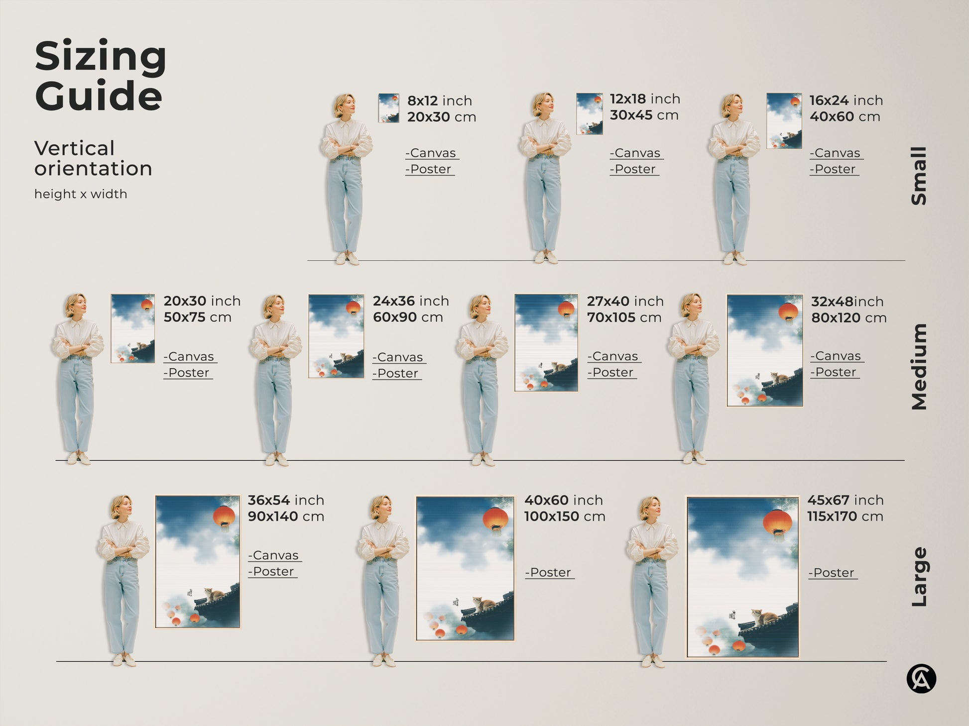 Sizing guide for vertical cat art prints. Available as canvas or poster in small medium and large sizes. Dimensions range from 8x12 to 45x67 inches. Find the perfect fit for your space. Add a whimsical animal wall hanging to your home decor today.