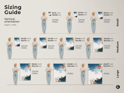 Sizing guide for vertical cat art prints. Available as canvas or poster in small medium and large sizes. Dimensions range from 8x12 to 45x67 inches. Find the perfect fit for your space. Add a whimsical animal wall hanging to your home decor today.
