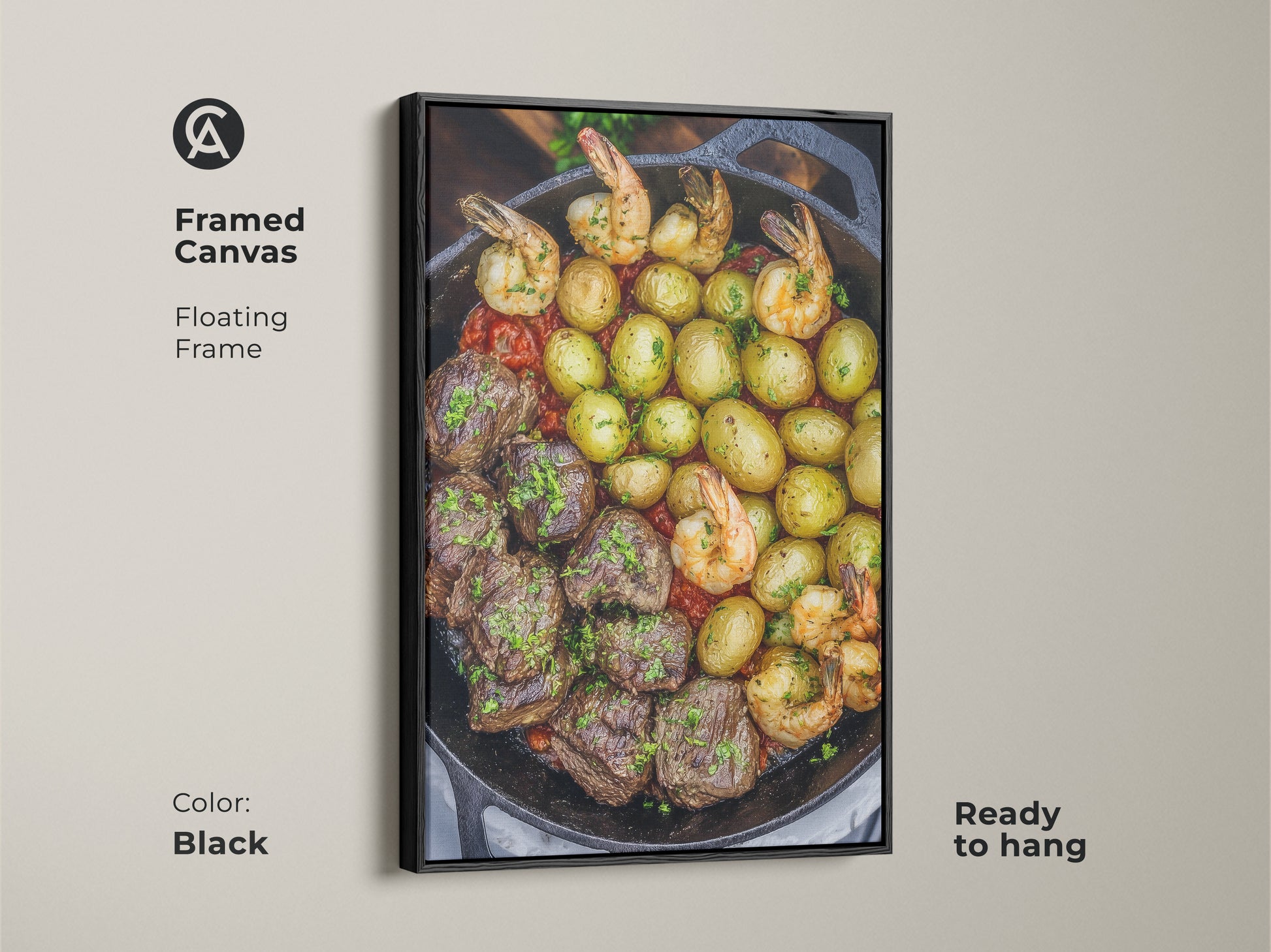 A framed canvas features a steak and shrimp skillet artwork. The floating black frame enhances this comfort food print. This rustic kitchen decor adds a modern farmhouse touch. It is ready to hang and perfect as a housewarming gift for home cooks.