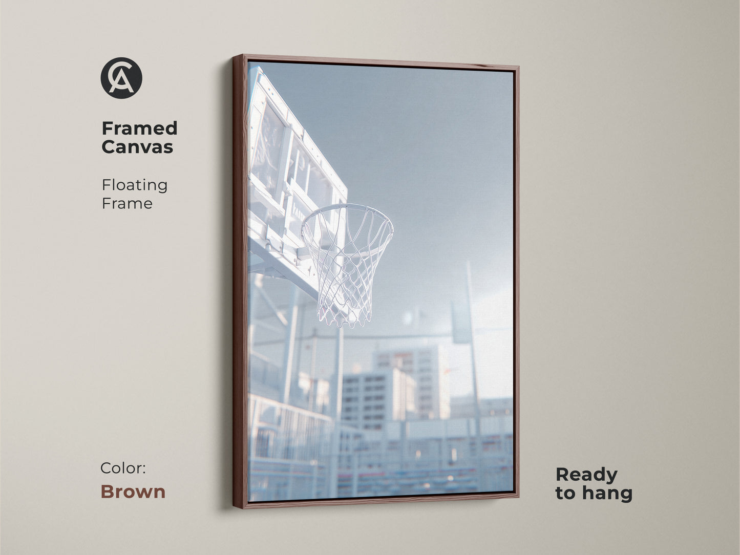 Brown framed canvas art print of a basketball hoop. This floating frame is ready to hang. The low angle shot captures the net. Sunlight shines through the clear backboard. Decorate your home today.