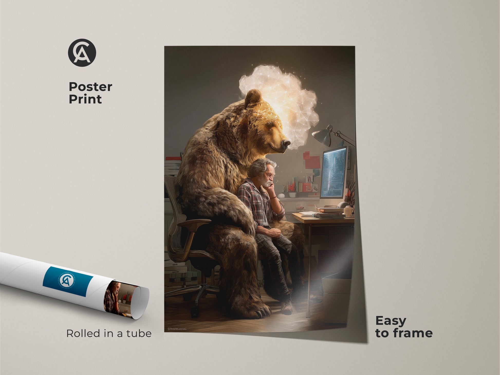 A poster print rolled in a tube. It shows a conceptual bear man art print. This unique grey and brown office artwork is easy to frame. The surreal animal tech artwork makes a great gift for thinkers.