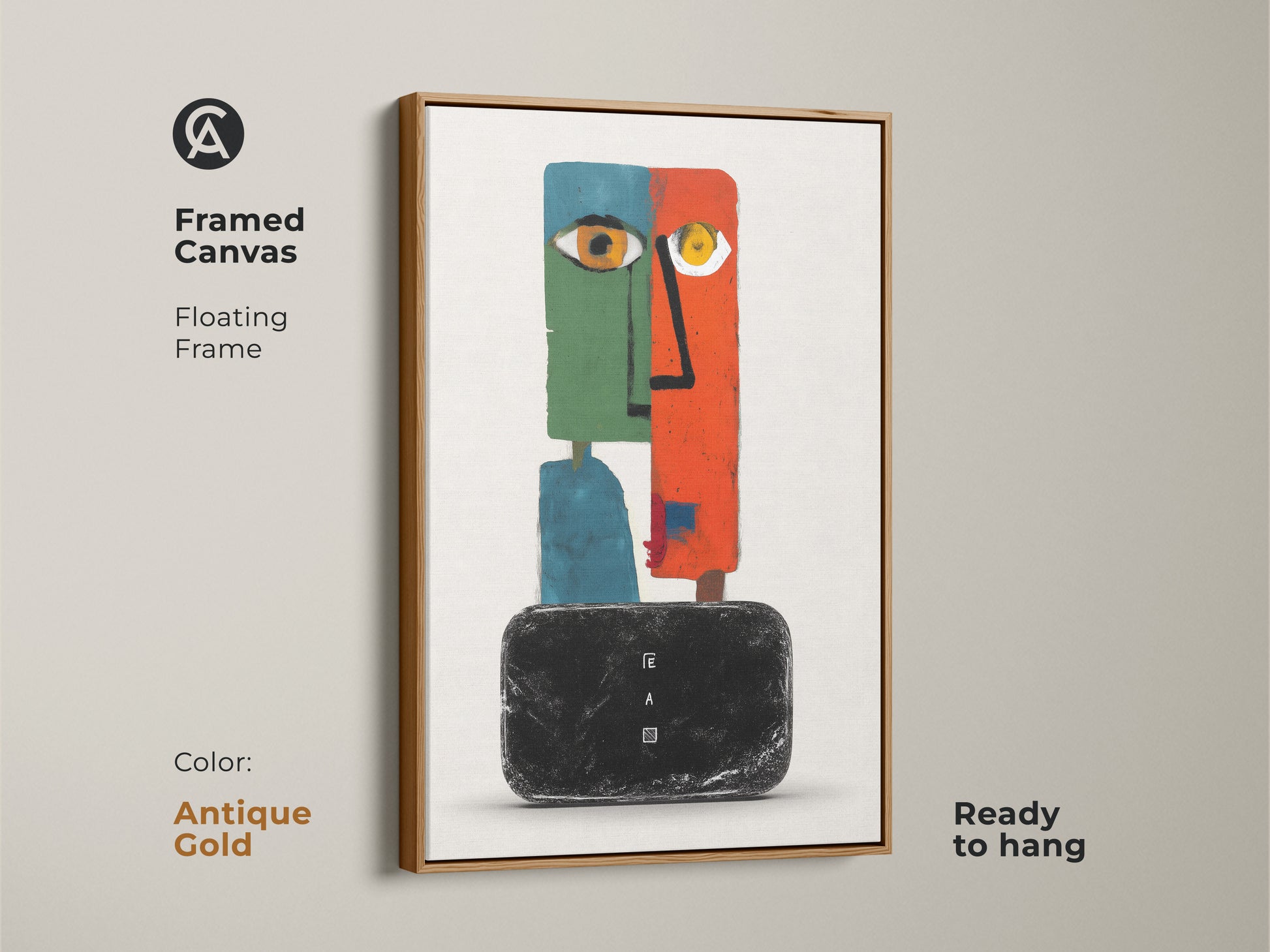 Framed canvas of a modern abstract face artwork with a floating antique gold frame. This surreal wall decor features an eclectic orange green and teal color palette. The figurative geometric canvas art is ready to hang. A perfect addition to a bedroom or living room. This contemporary wall art adds sophistication to any space.