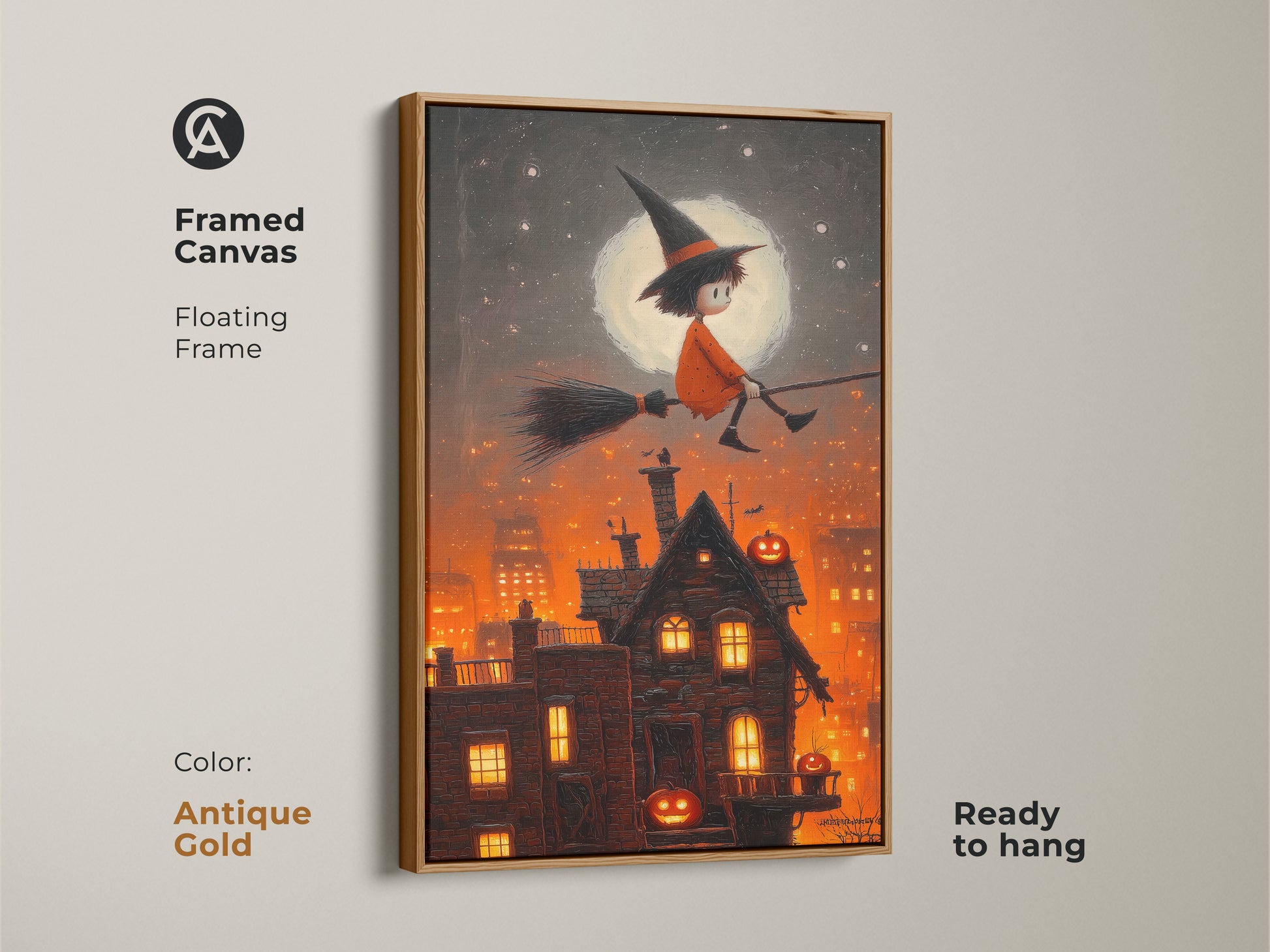 Framed canvas with an antique gold floating frame showing a Halloween witch flying over a cityscape. This wall art adds autumnal magic to any space. The childrens halloween poster is perfect for a childs room or Halloween enthusiasts decor. Ready to hang.