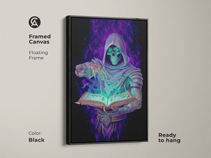 Enhance your decor with this framed dark fantasy art. This gothic occult wall art features a Grim Reaper with spellbook. The emerald purple digital art is perfect for study rooms. It's a great gift for fantasy book lovers and fans.