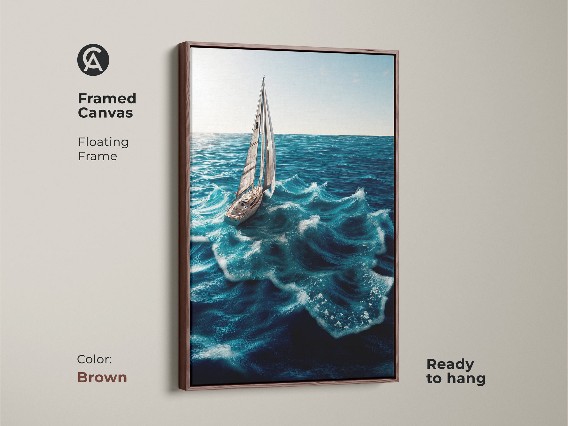 Framed canvas showcasing a sailboat on ocean waves. This nautical artwork has a brown floating frame. Ready to hang and complements any space. Perfect coastal art for boat enthusiasts. Bring the beauty of sailing into your home. A wonderful nautical themed gift.