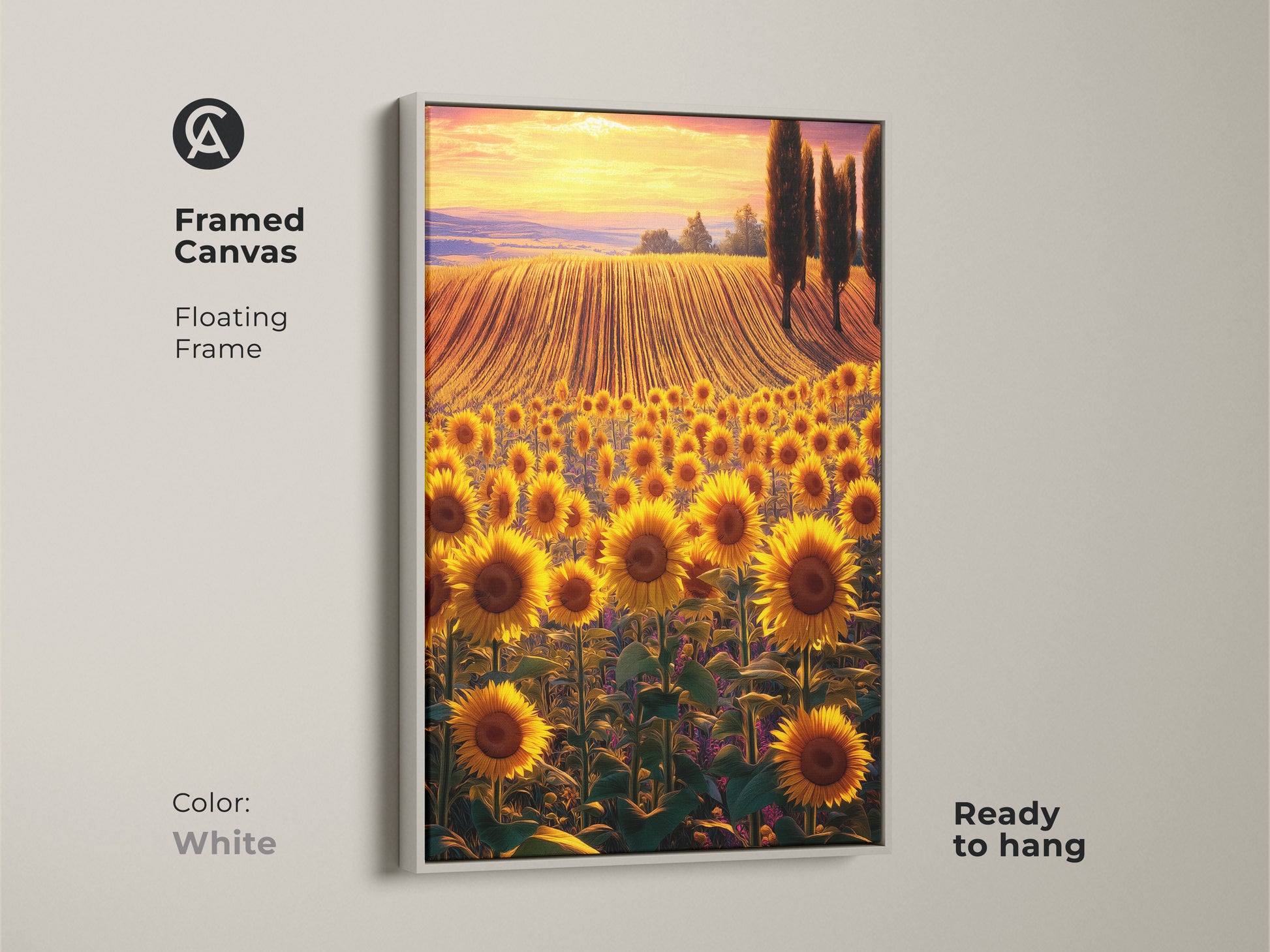 Framed canvas art of a sunflower field landscape during a sunset. The floating white frame creates a clean modern look. This ready-to-hang canvas is perfect for adding a vibrant touch to your home. Enjoy the beauty of nature indoors.