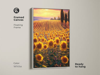 Framed canvas art of a sunflower field landscape during a sunset. The floating white frame creates a clean modern look. This ready-to-hang canvas is perfect for adding a vibrant touch to your home. Enjoy the beauty of nature indoors.