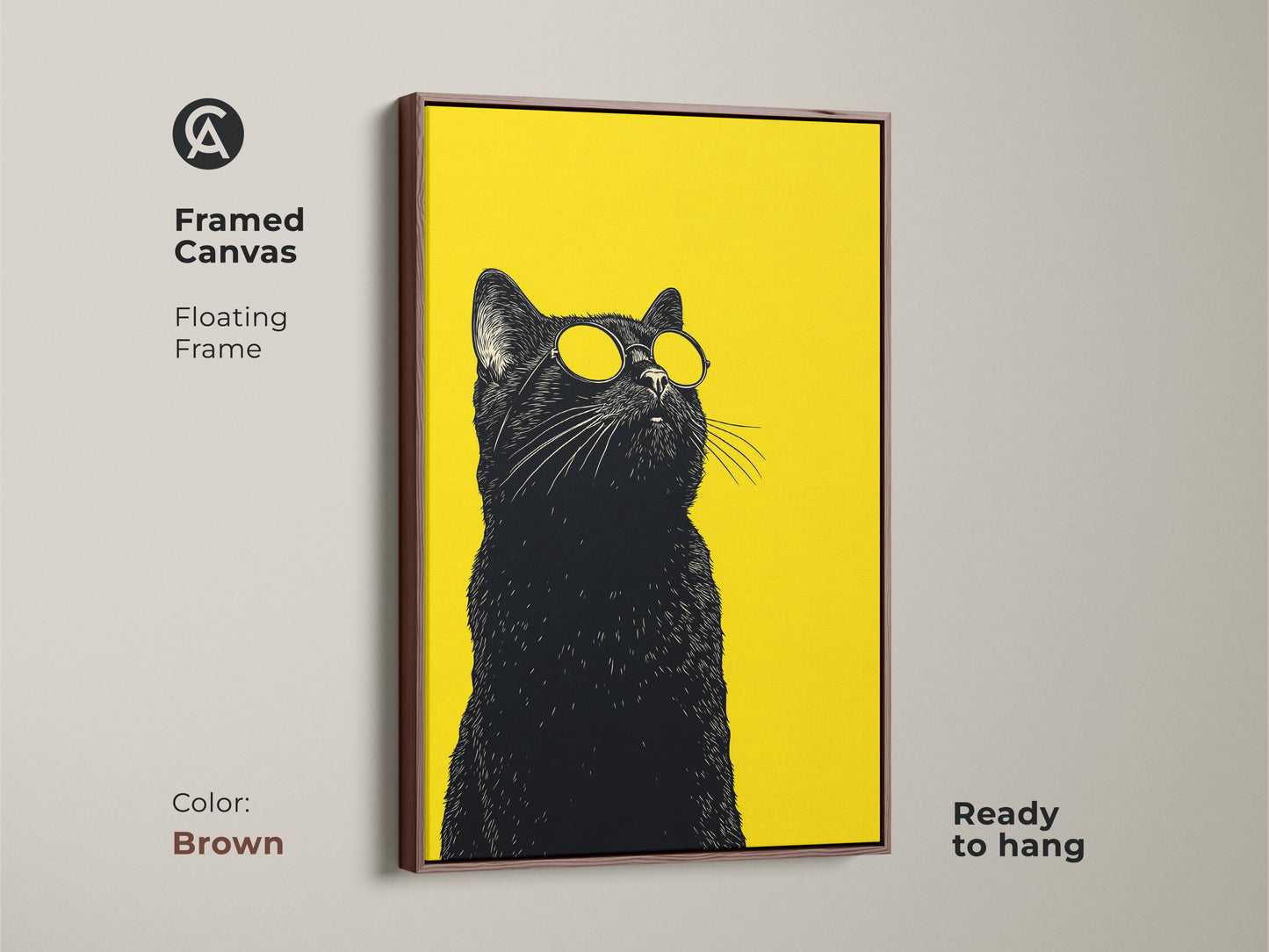 Framed canvas featuring a black cat with sunglasses on a yellow background. This pop art canvas art with a brown floating frame is ready to hang. It is ideal for adding quirky cat decor.