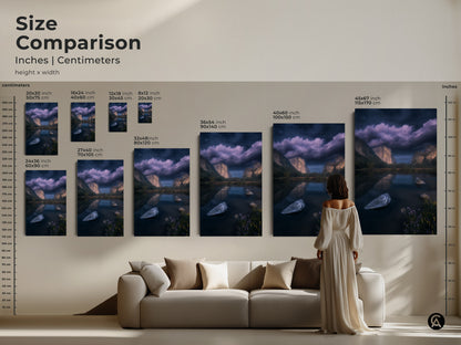 Size comparison of El Capitan and Merced River Yosemite artwork in inches and centimeters. Various sizes available to fit any space. This dark blue mountain canvas art brings the beauty of Yosemite Valley into your home. A perfect piece of residential landscape decor.