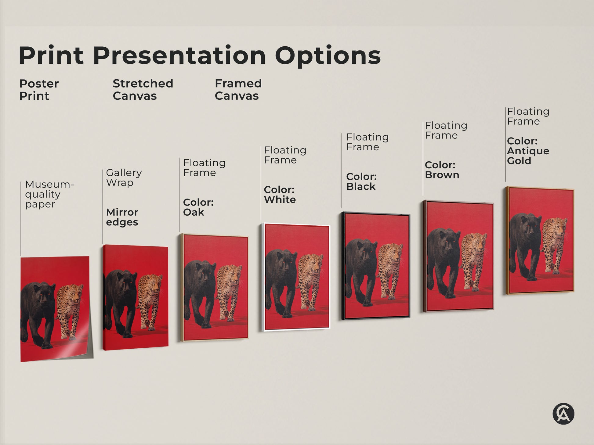 Explore print presentation options featuring a black panther and leopard artwork. Choose from poster prints stretched canvas or framed canvas. Each option highlights the beauty of this animal art. Find the perfect style for your home decor