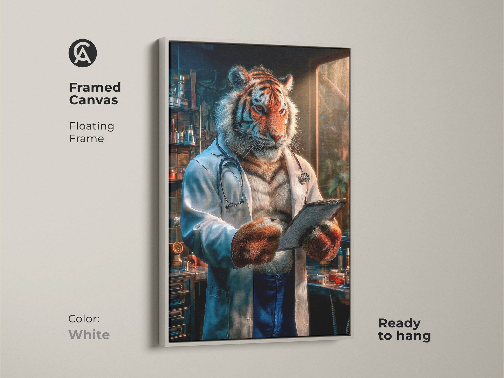 Framed canvas featuring tiger doctor art with a white floating frame. The artwork is ready to hang. This unique animal artwork is perfect for medical professionals. The tiger is holding a clipboard
