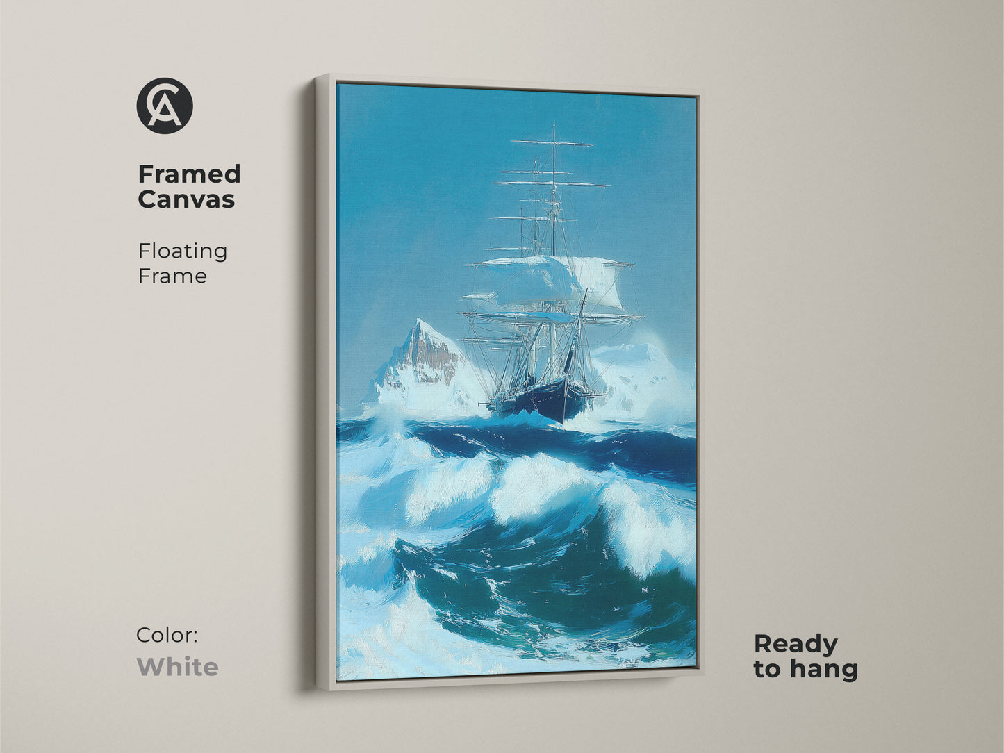 Framed canvas art featuring a tall ship sailing a stormy sea. See the iceberg in this nautical home decor print. The white floating frame complements the blue seascape painting. Ideal for adding maritime adventure to your home or office. Ready to hang.