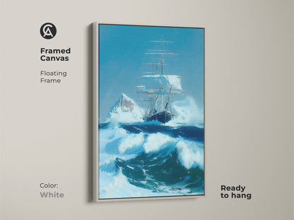 Framed canvas art featuring a tall ship sailing a stormy sea. See the iceberg in this nautical home decor print. The white floating frame complements the blue seascape painting. Ideal for adding maritime adventure to your home or office. Ready to hang.